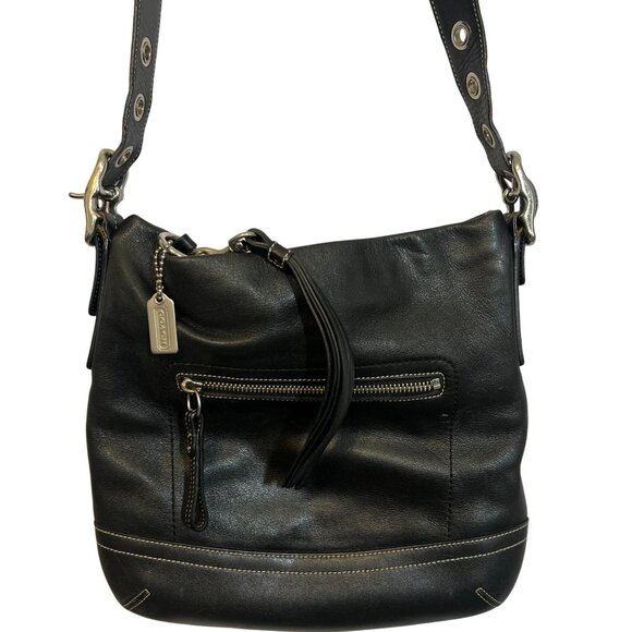 COA Coach Black Leather Shoulder Bag Tote Purse Duffle Tassel White Stitch Fring - Picture 1 of 15